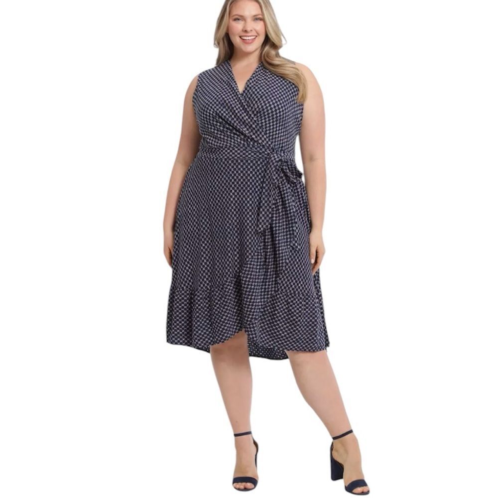 NWoT PlusSize London Times Ruffled Faux-Wrap Midi Dress Navy Textured 14W Spring